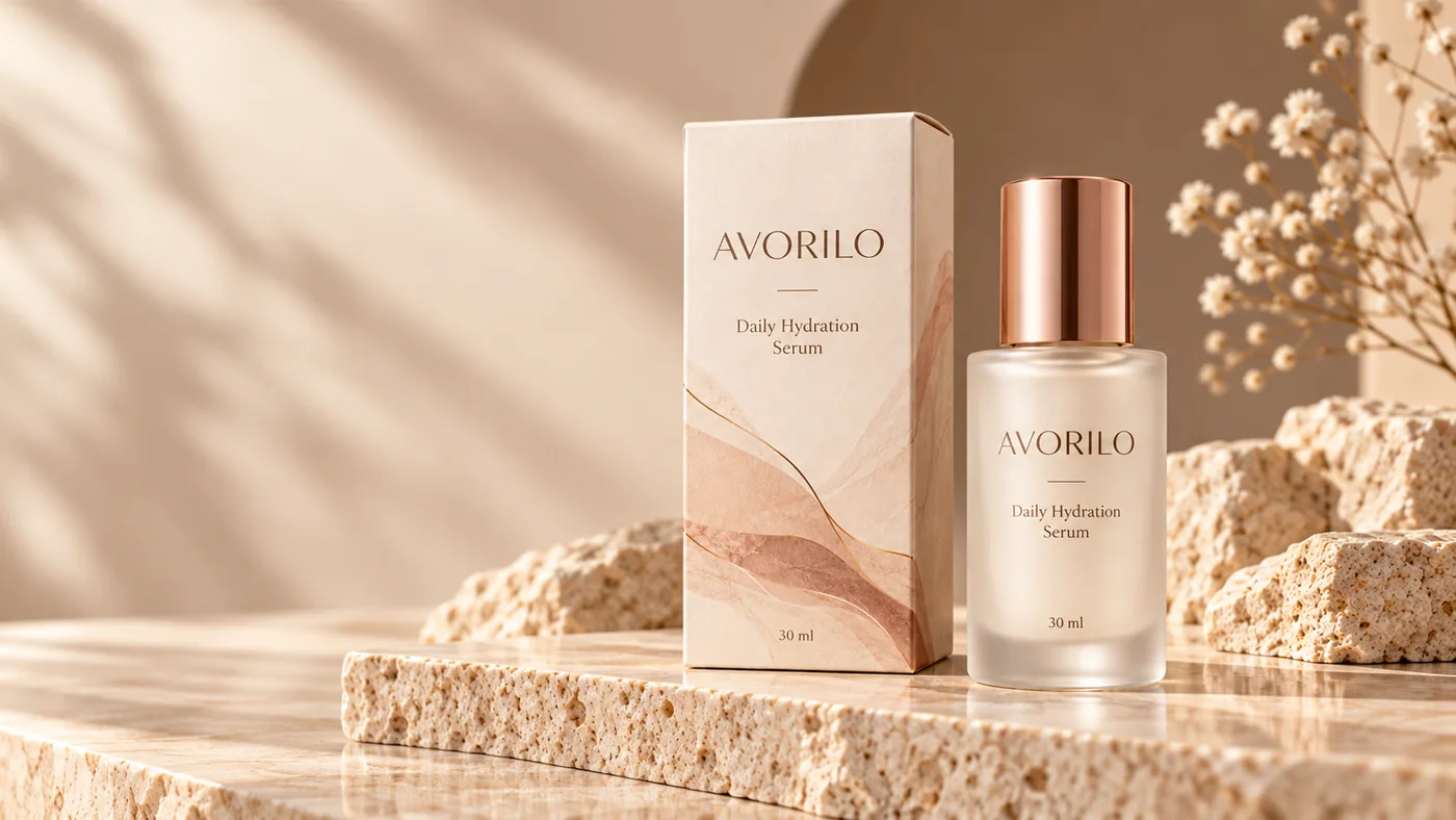 Visualisierung des AVORILO Daily Hydration Serums auf hellem Stein