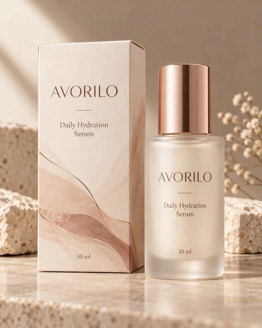 Konzeptbild: AVORILO Serum in hochwertiger Glasflasche und passender Verpackung